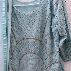 Beautiful Georgette Top Palazzo With Embroidery Moti Work and Georgette Dupatta